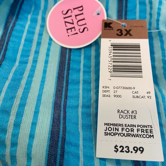 NWT ~ KMart ~ Pink K ~ House Dress / Duster ~ Pearl Snap ~ Blue Stripe ~ Size 3X - Picture 2 of 4